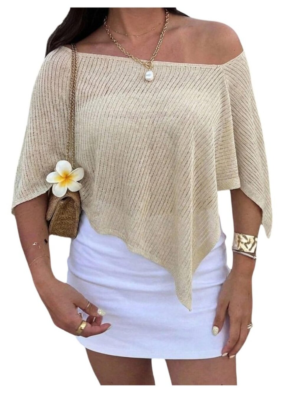 Women's Sheer Knit Poncho Top Off Shoulder Pullover Beach Cover Up
